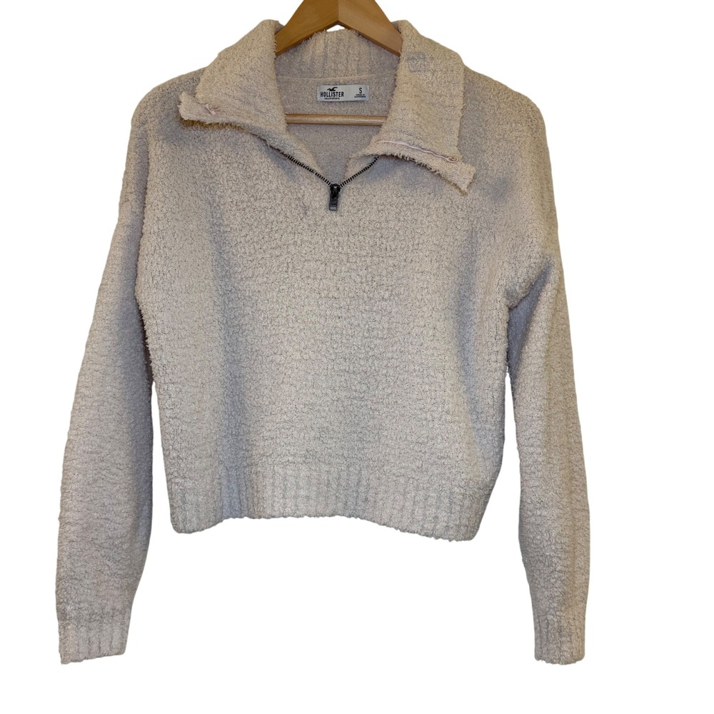 Hollister Fuzzy Sherpa Quarter Zip Pullover Sweater Cream‎ Size S